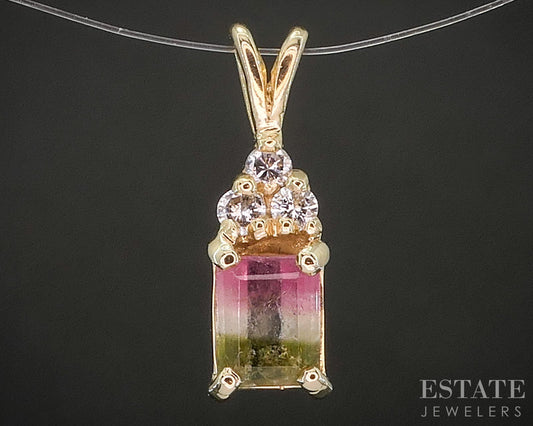 14k Yellow Gold Natural Watermelon Tourmaline & Diamond Pendant 1.0g p19304b