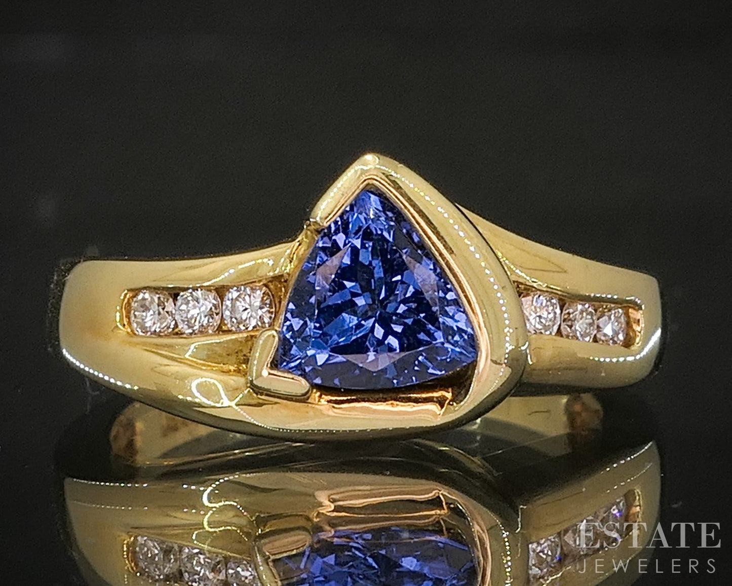 18k Yellow Gold Trillion Natural Tanzanite & Diamond Ladies Ring 5.8g p18897