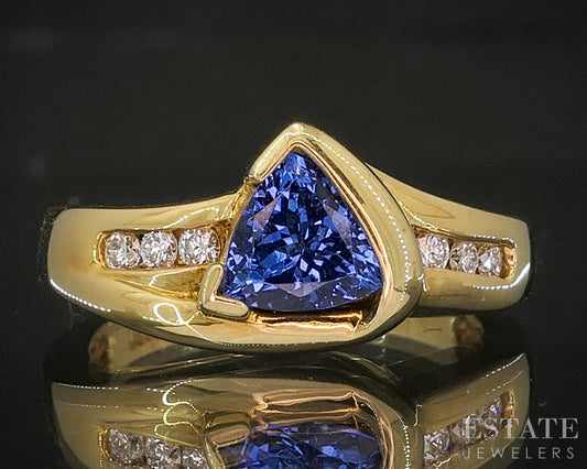 18k Yellow Gold Trillion Natural Tanzanite & Diamond Ladies Ring 5.8g p18897