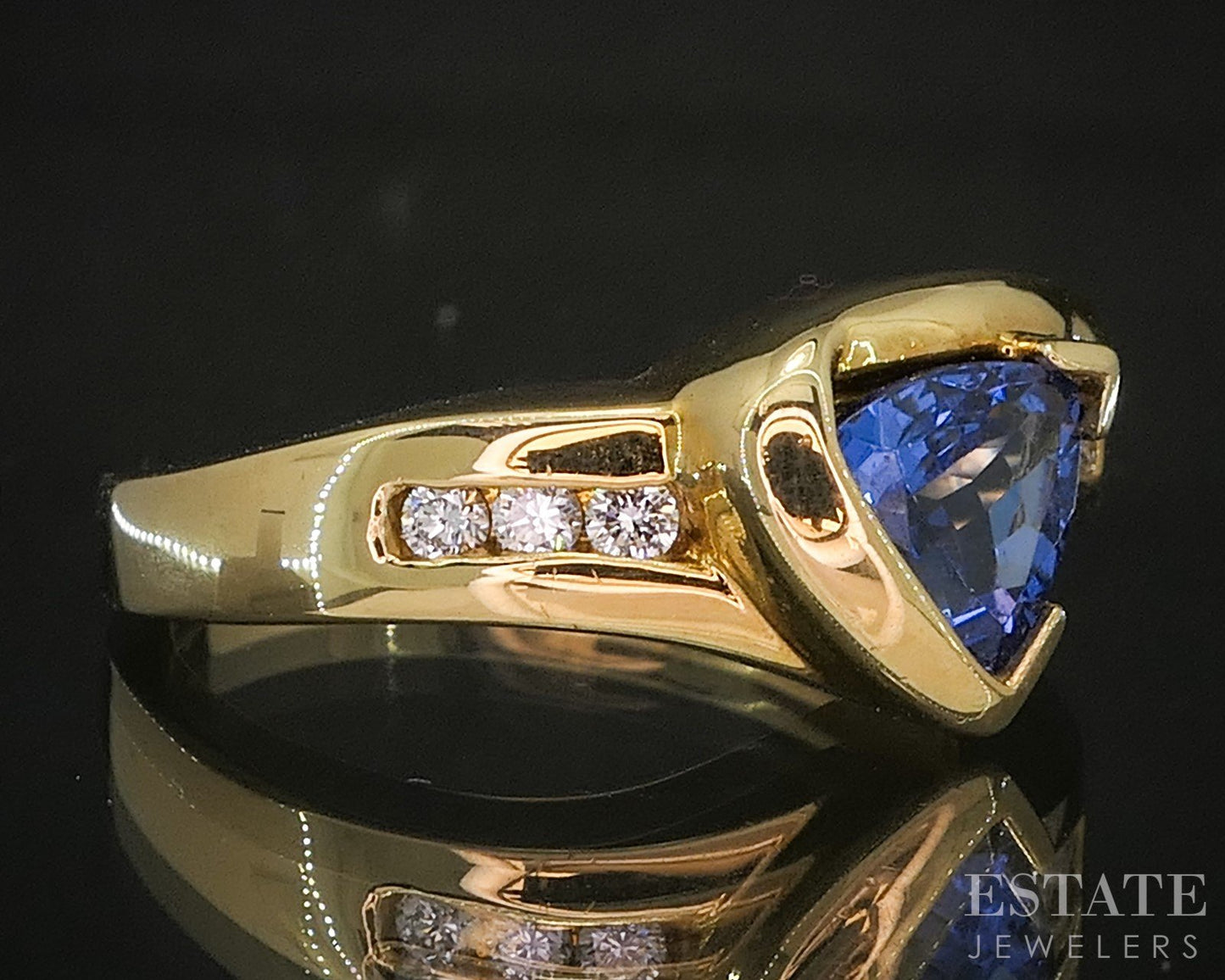 18k Yellow Gold Trillion Natural Tanzanite & Diamond Ladies Ring 5.8g p18897