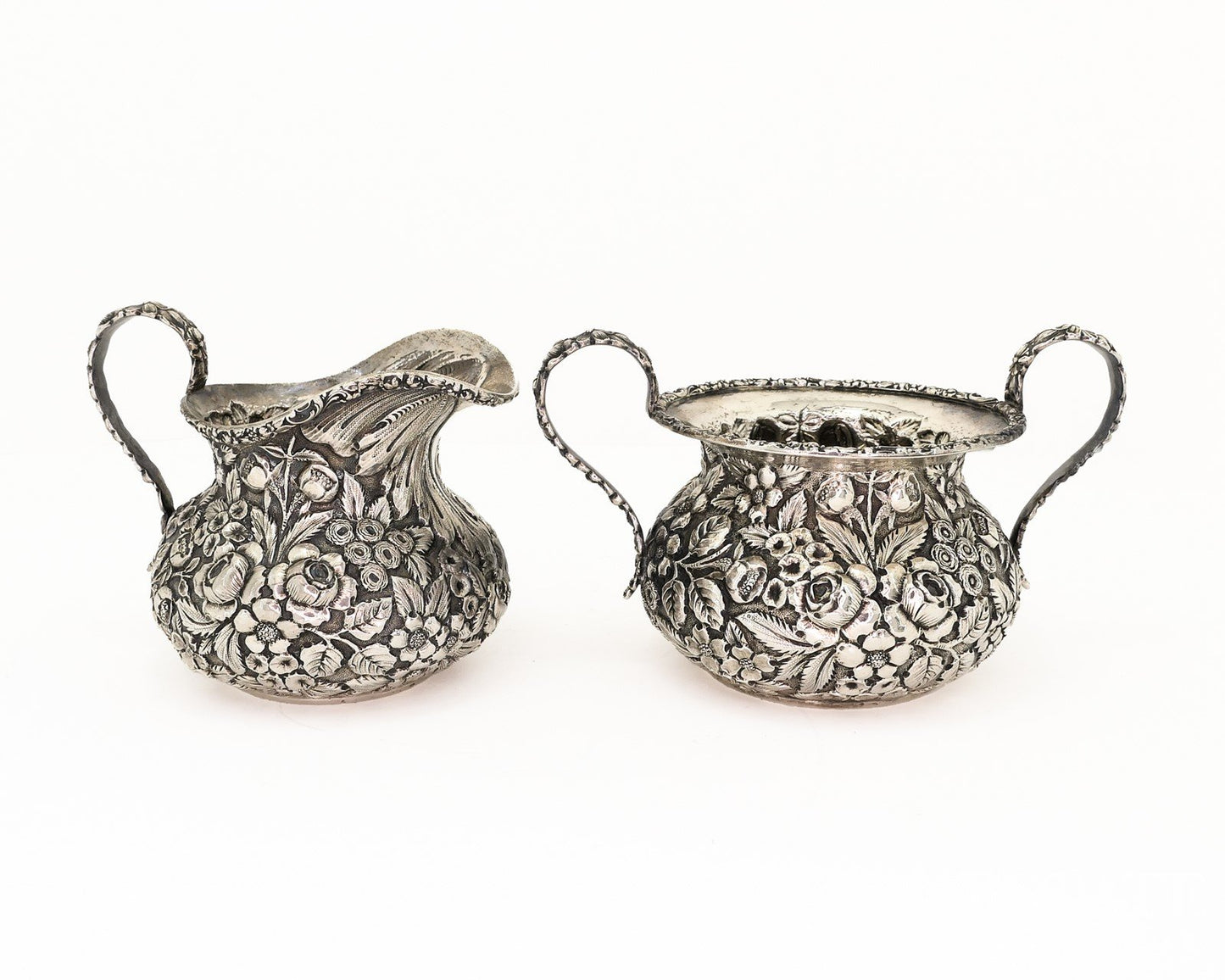 Antique Sterling Silver 1916 Stieff Repoussé Cream & Sugar Bowl Set 284g p18864