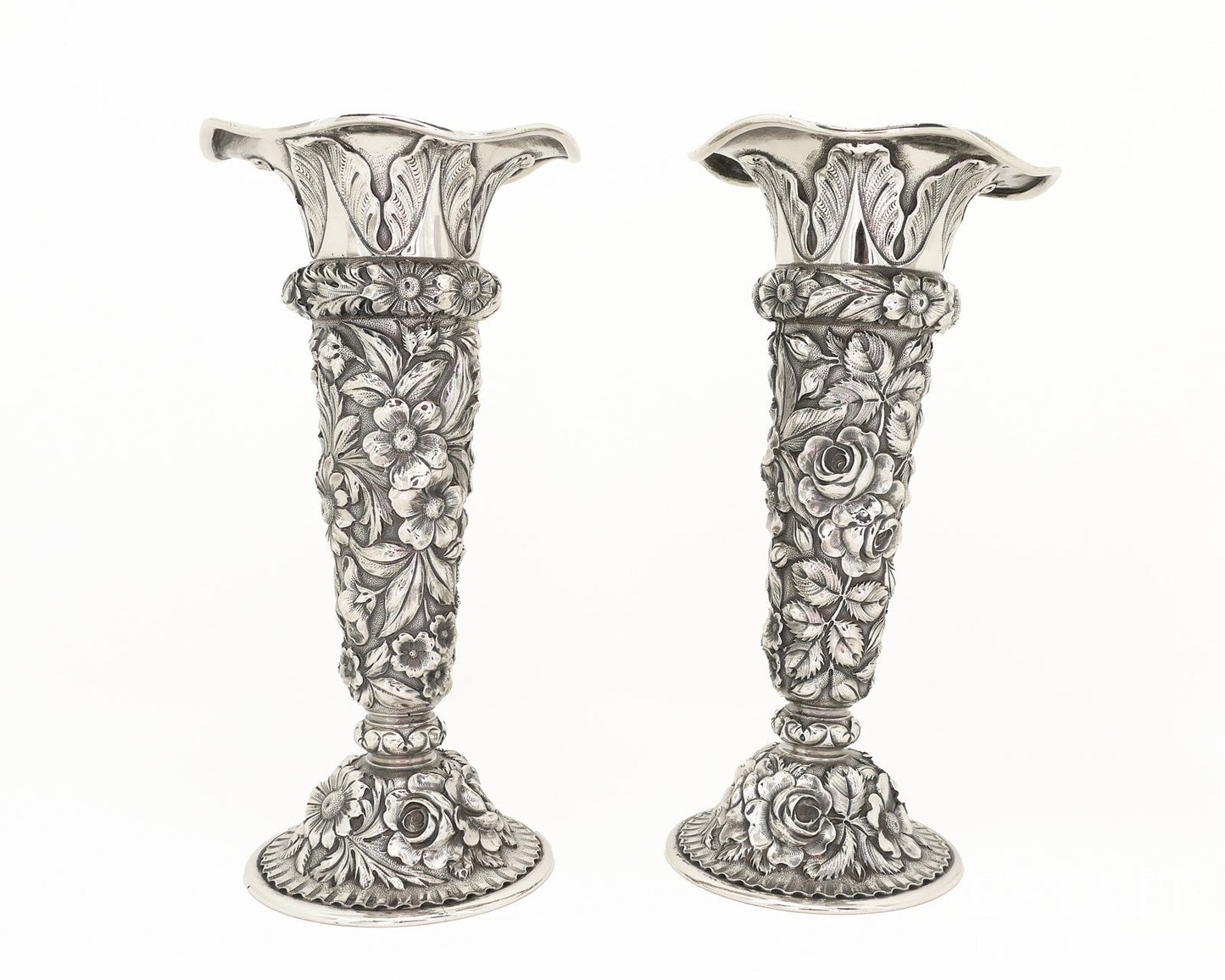 Antique Sterling Silver 1916 Stieff Repoussé 8" Flower Vase Set 494g p18863