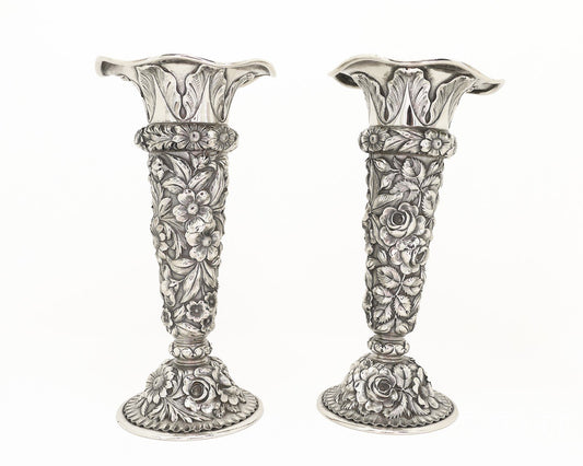 Antique Sterling Silver 1916 Stieff Repoussé 8" Flower Vase Set 494g p18863