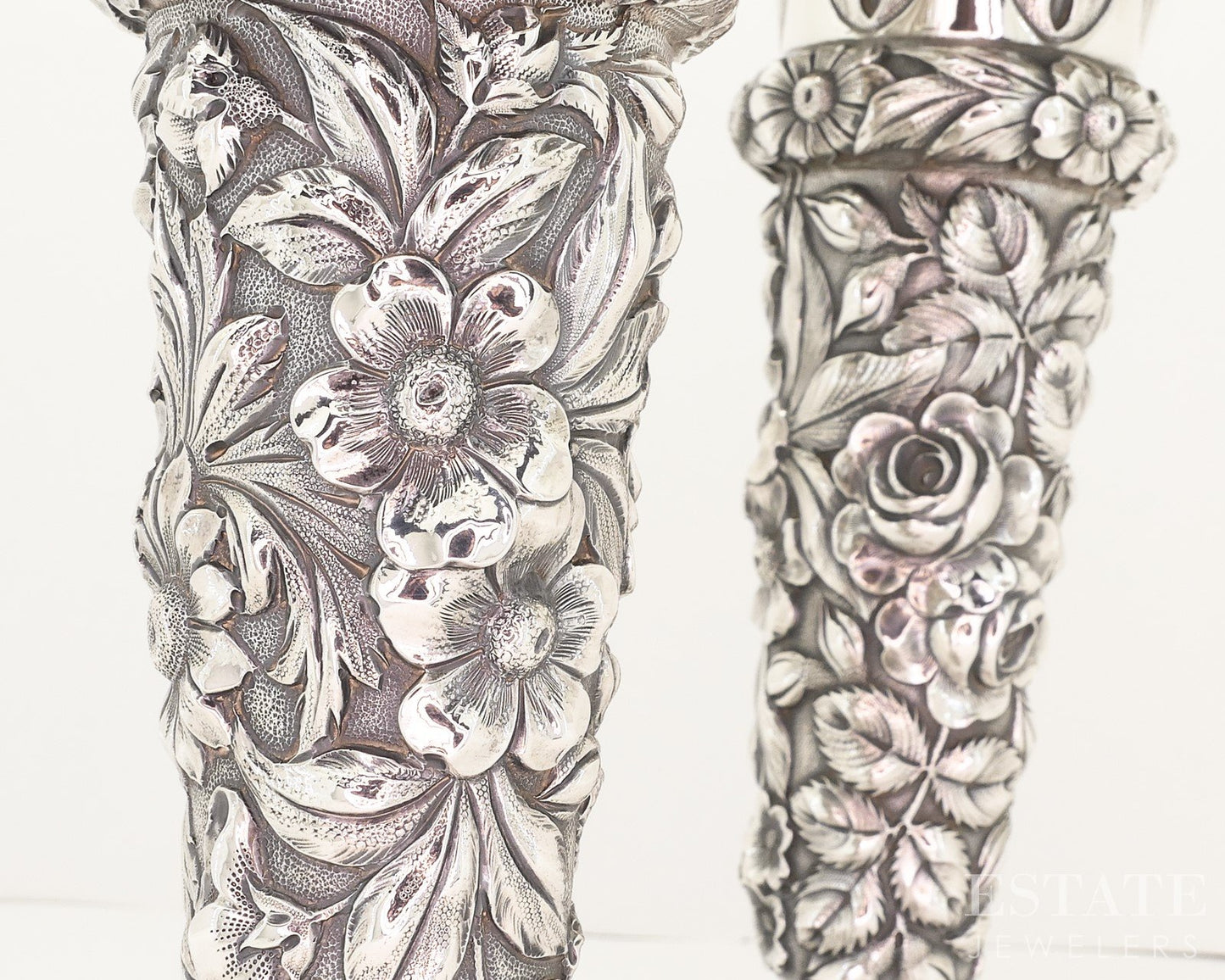 Antique Sterling Silver 1916 Stieff Repoussé 8" Flower Vase Set 494g p18863