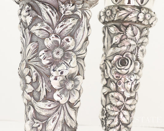 Antique Sterling Silver 1916 Stieff Repoussé 8" Flower Vase Set 494g p18863