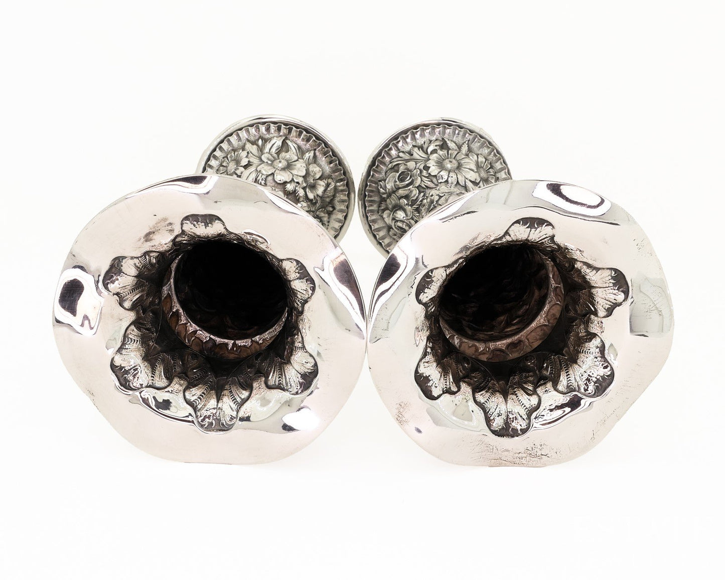 Antique Sterling Silver 1916 Stieff Repoussé 8" Flower Vase Set 494g p18863