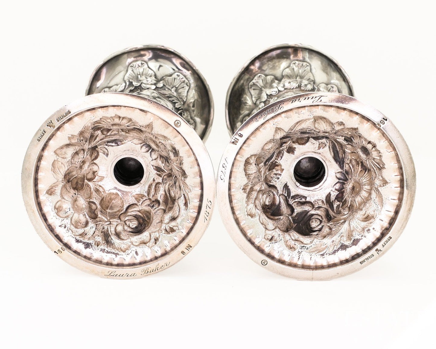 Antique Sterling Silver 1916 Stieff Repoussé 8" Flower Vase Set 494g p18863