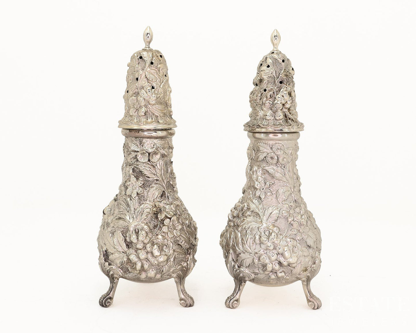 Antique Sterling Silver 1916 Stieff Repoussé Salt Pepper Shaker Set 214g p18862