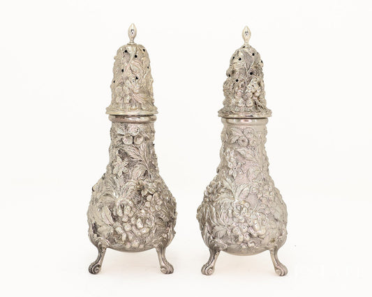 Antique Sterling Silver 1916 Stieff Repoussé Salt Pepper Shaker Set 214g p18862