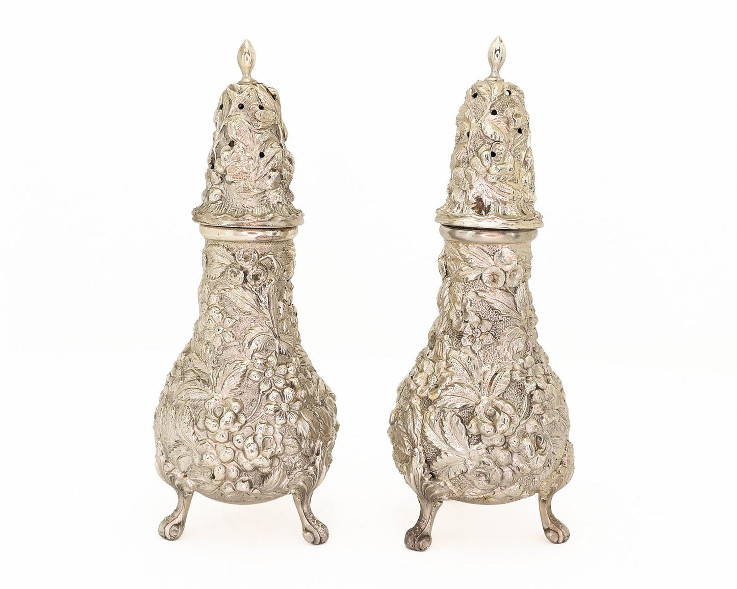 Antique Sterling Silver 1916 Stieff Repoussé Salt Pepper Shaker Set 216g p18861