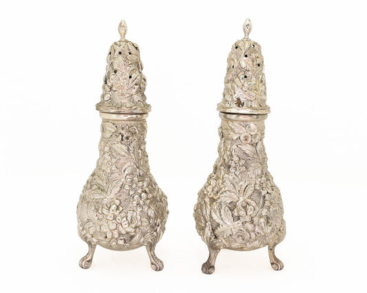 Antique Sterling Silver 1916 Stieff Repoussé Salt Pepper Shaker Set 216g p18861