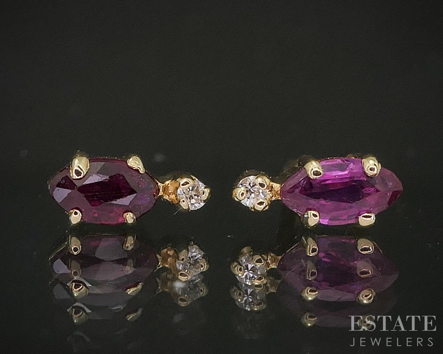 14k Yellow Gold Marquise Natural Ruby & Diamond Stud Earrings 0.5g p19458b