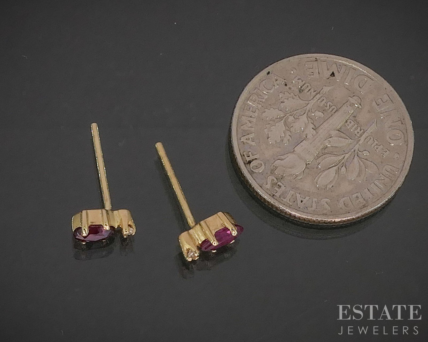 14k Yellow Gold Marquise Natural Ruby & Diamond Stud Earrings 0.5g p19458b