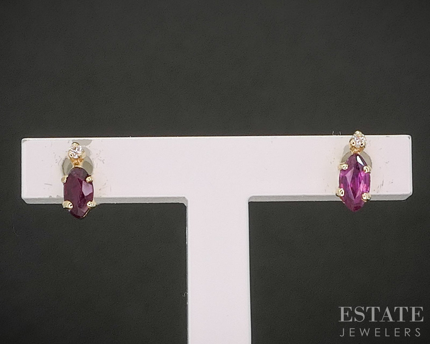 14k Yellow Gold Marquise Natural Ruby & Diamond Stud Earrings 0.5g p19458b
