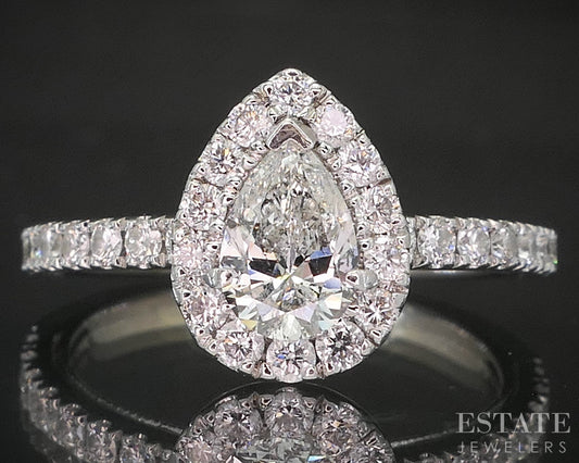 14k White Gold Pear Natural .88ctw Diamond Halo Engagement Ring 3.3g p19111