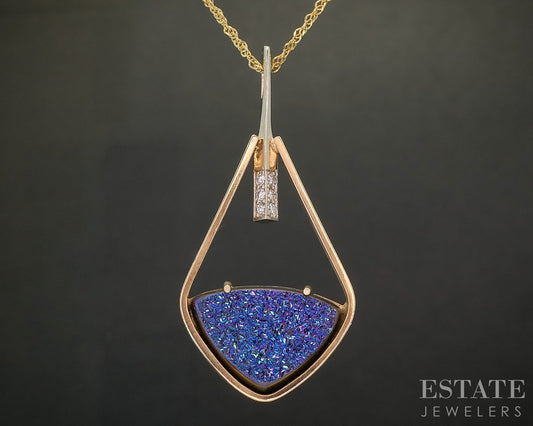 14k Yellow Gold Druzy Quartz & Diamond Custom Necklace 4.6g 18"L p15896