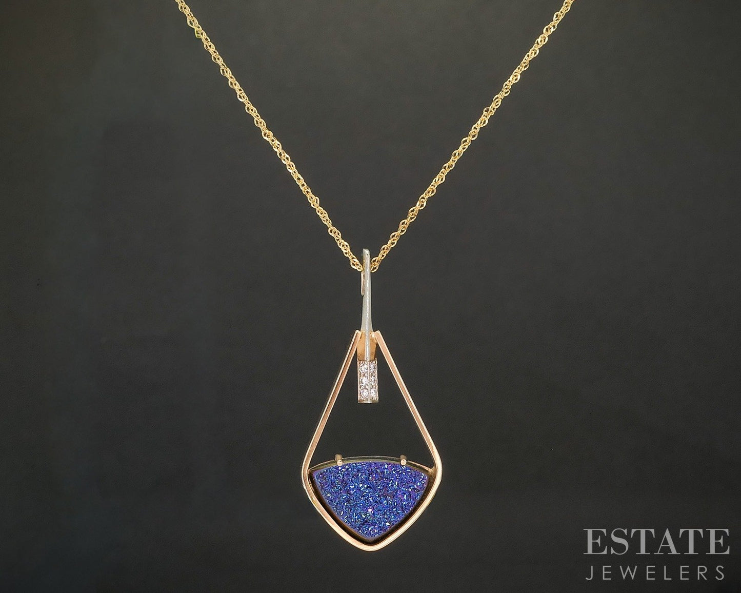 14k Yellow Gold Druzy Quartz & Diamond Custom Necklace 4.6g 18"L p15896