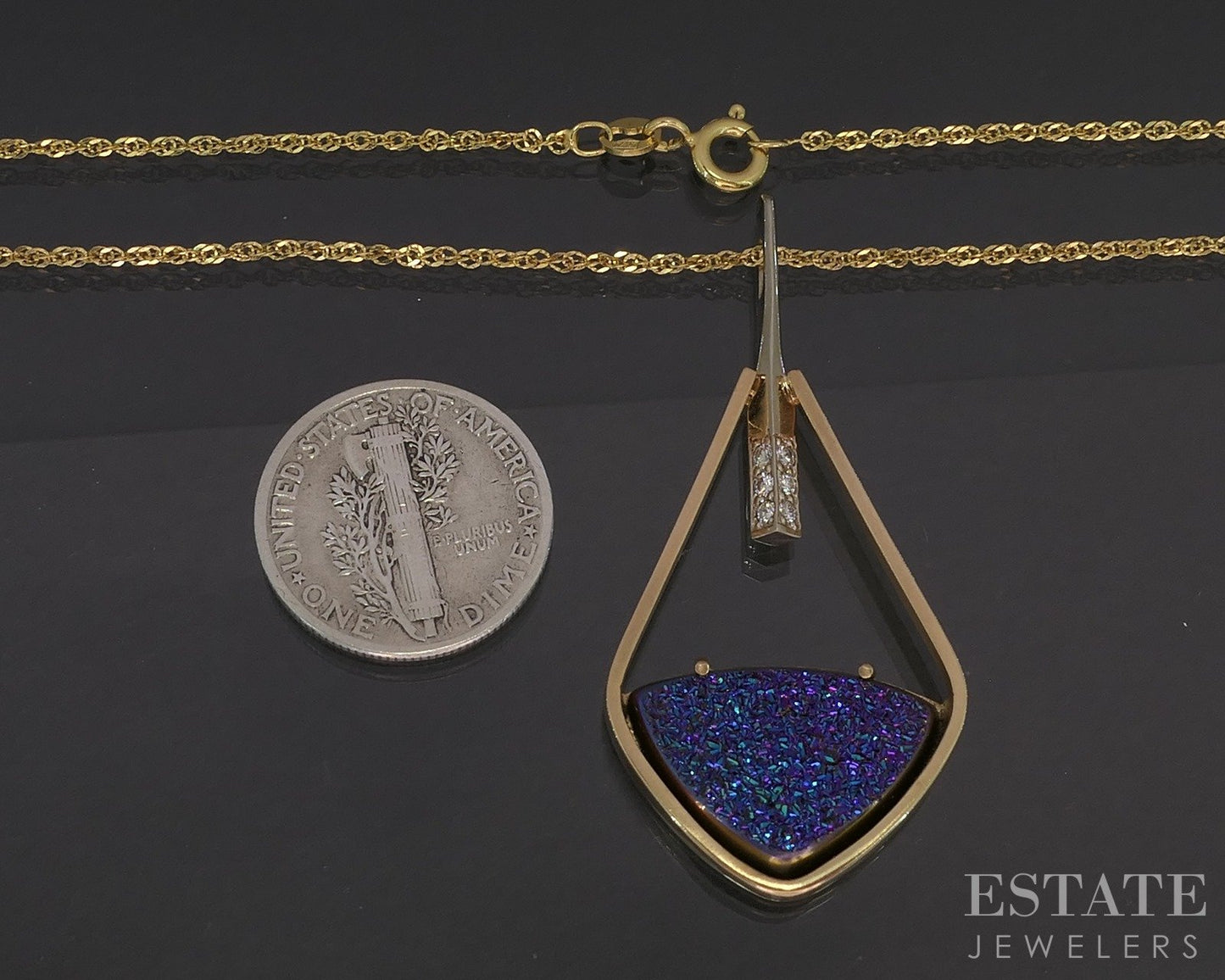 14k Yellow Gold Druzy Quartz & Diamond Custom Necklace 4.6g 18"L p15896