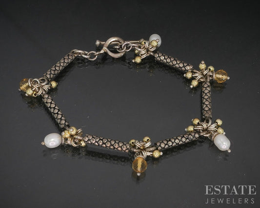 Sterling Silver Michael Dawkins Citrine Pearl Beaded Charm Bracelet 17g p19881
