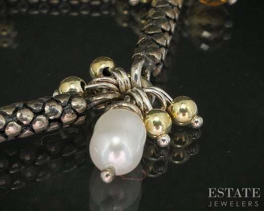 Sterling Silver Michael Dawkins Citrine Pearl Beaded Charm Bracelet 17g p19881