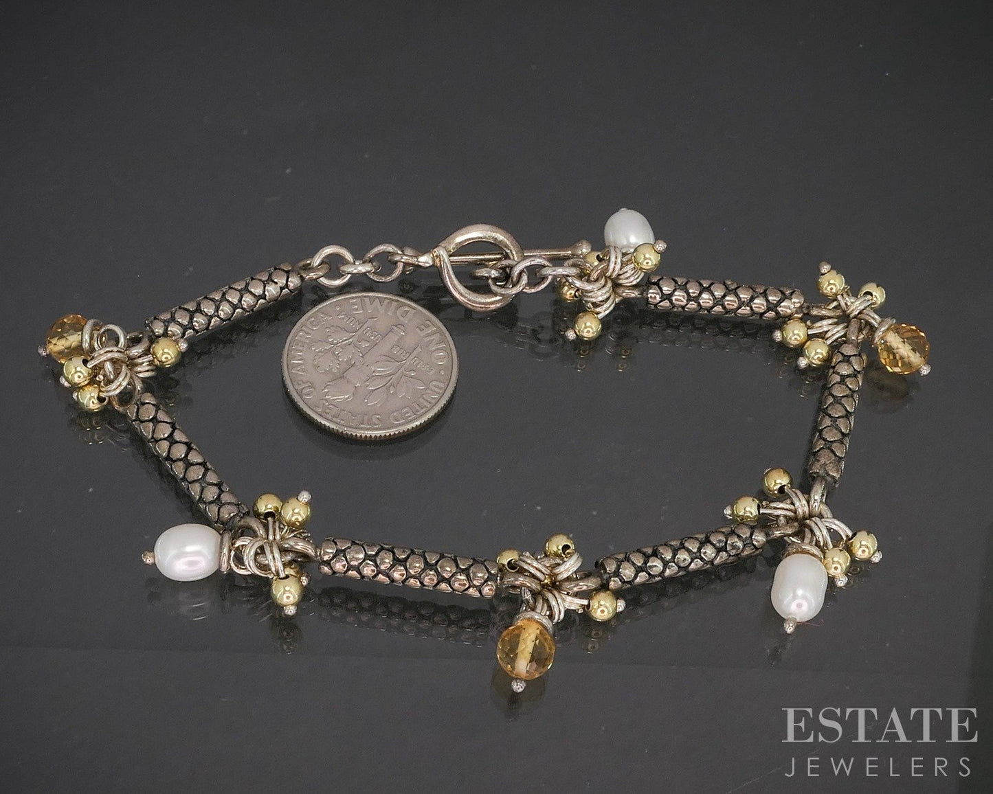 Sterling Silver Michael Dawkins Citrine Pearl Beaded Charm Bracelet 17g p19881