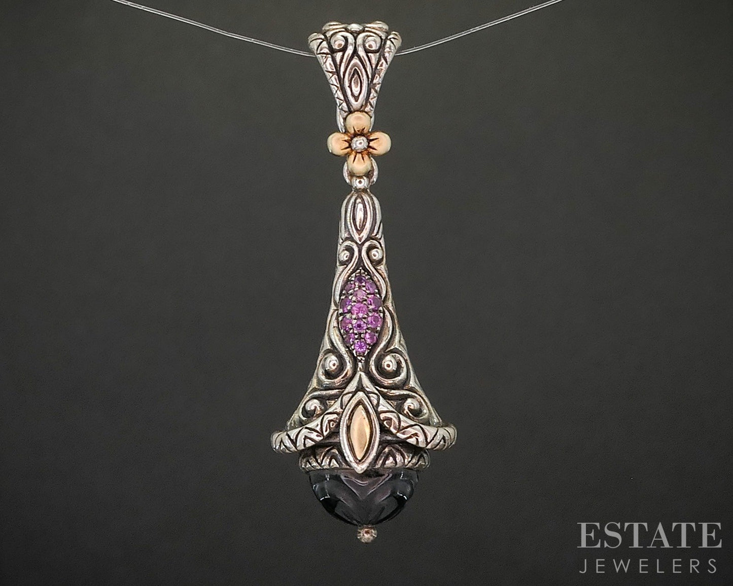 18k & Sterling Barbara Bixby Black Onyx Pink Sapphire Teardrop Pendant 8g p19883