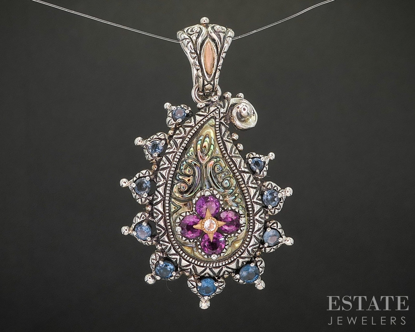 18k & Sterling Barbara Bixby Abalone Multi Gem Paisley Pendant 11.8g p19887