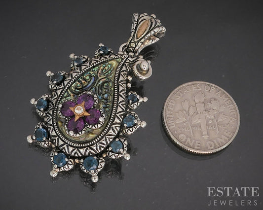 18k & Sterling Barbara Bixby Abalone Multi Gem Paisley Pendant 11.8g p19887
