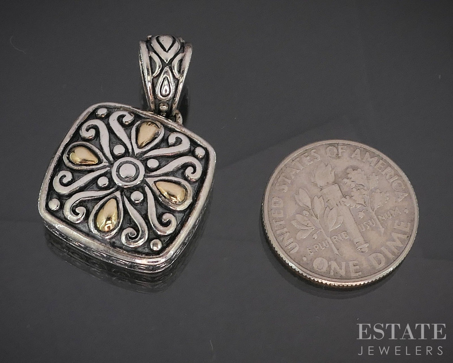 14k & Sterling Angela by John Hardy Beaded Square Pendant 6.3g p19899