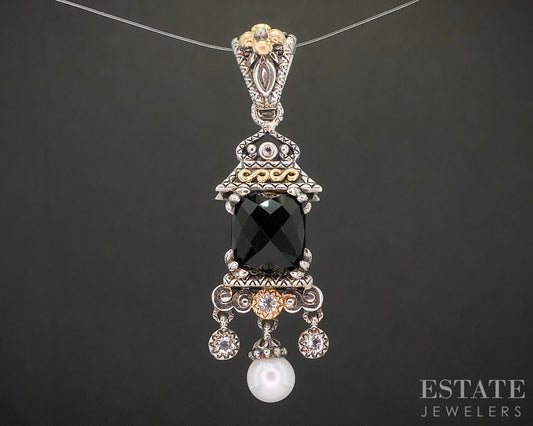 18k & Sterling Barbara Bixby Black Onyx Pearl & Sapphire Pendant 8.4g p19901
