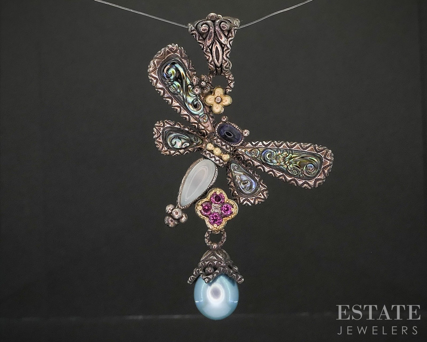 18k & Sterling Barbara Bixby Abalone Multi Gem Dragonfly Pendant 12.4g p19902