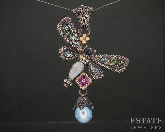 18k & Sterling Barbara Bixby Abalone Multi Gem Dragonfly Pendant 12.4g p19902