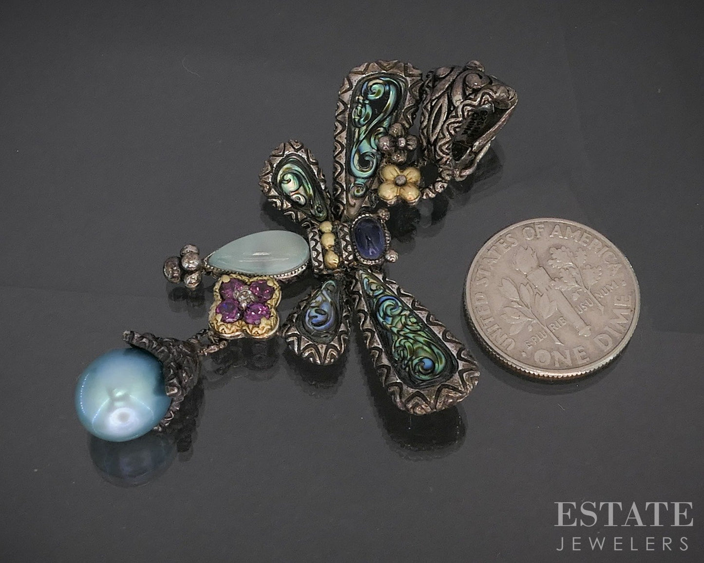 18k & Sterling Barbara Bixby Abalone Multi Gem Dragonfly Pendant 12.4g p19902