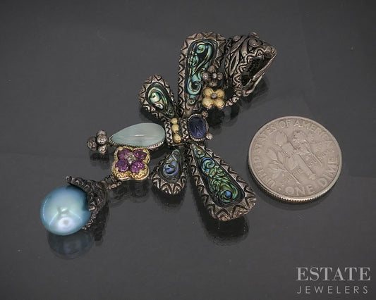 18k & Sterling Barbara Bixby Abalone Multi Gem Dragonfly Pendant 12.4g p19902