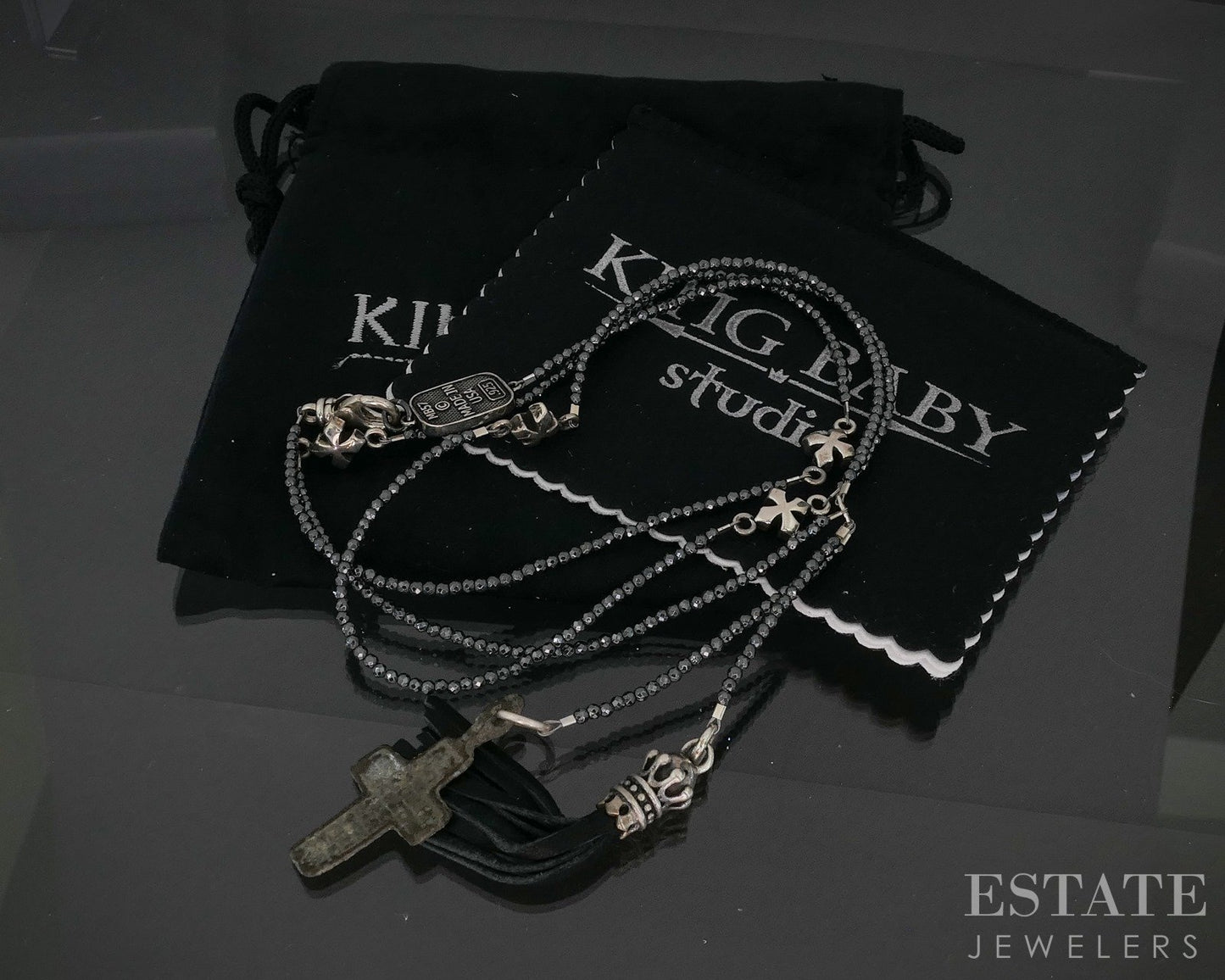 Sterling King Baby Hematite Beaded Crown Leather Tassel Necklace 28"L p20319