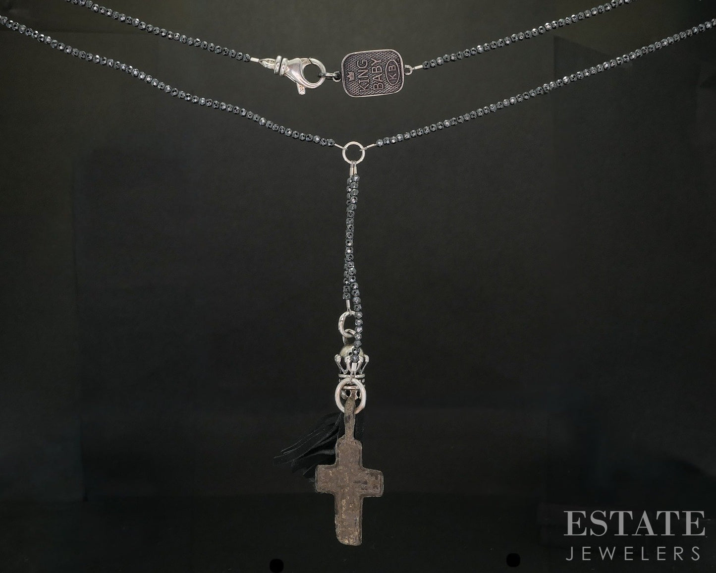 Sterling King Baby Hematite Beaded Crown Leather Tassel Necklace 28"L p20319