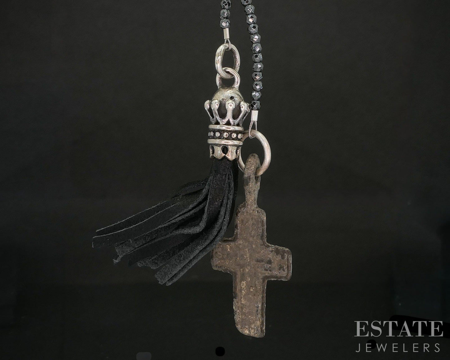 Sterling King Baby Hematite Beaded Crown Leather Tassel Necklace 28"L p20319