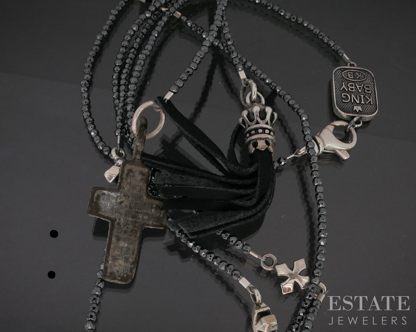 Sterling King Baby Hematite Beaded Crown Leather Tassel Necklace 28"L p20319