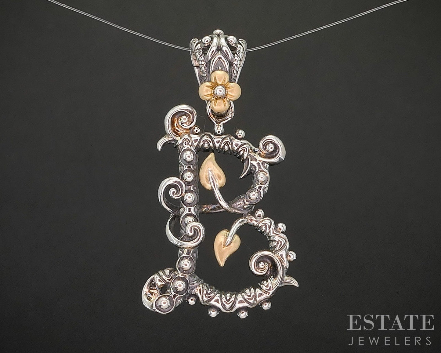 18k & Sterling Barbara Bixby Letter B Vine Flower Ladies Pendant 8.3g p19905