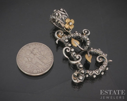 18k & Sterling Barbara Bixby Letter B Vine Flower Ladies Pendant 8.3g p19905