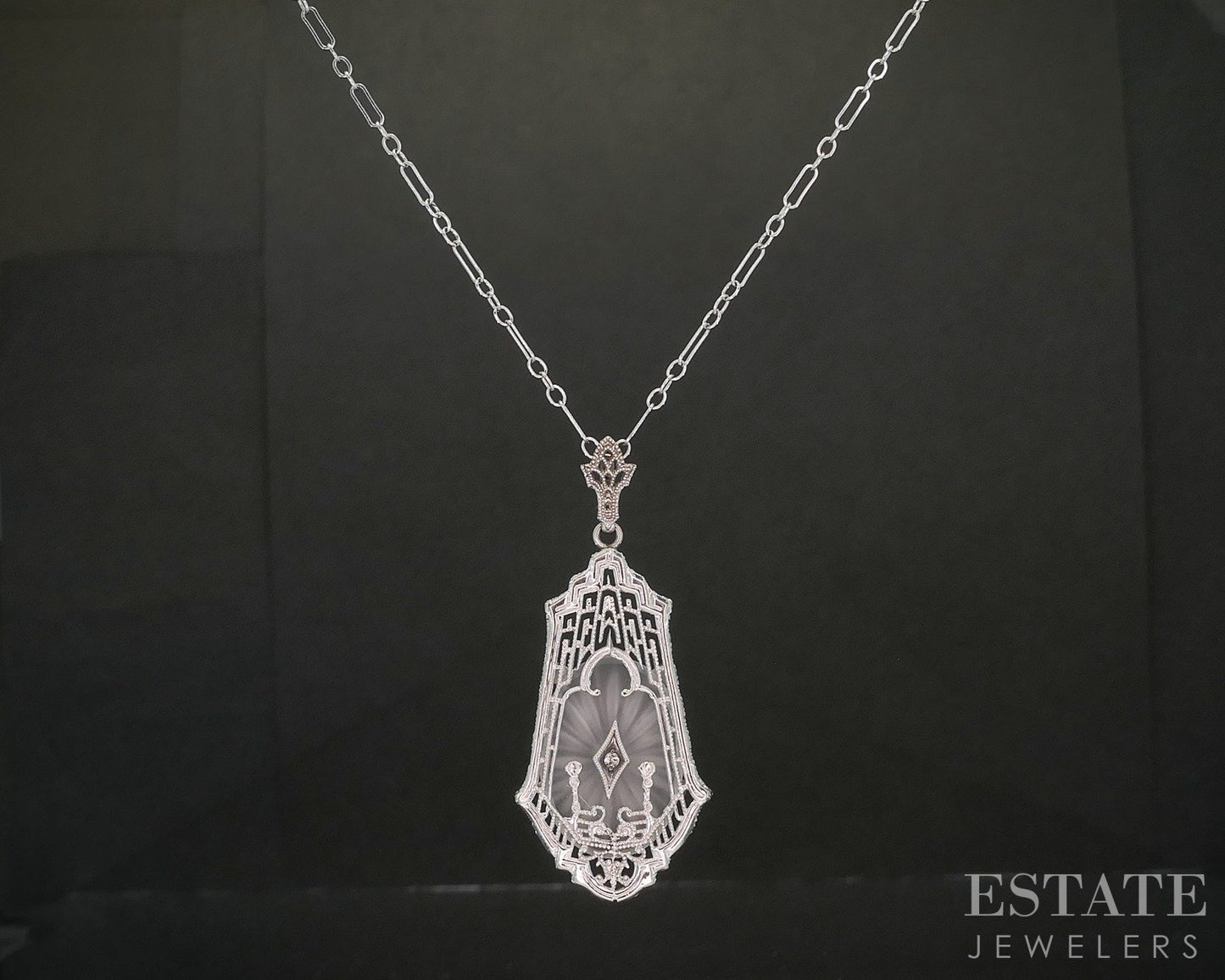 Antique 14k White Gold Rock Crystal Quartz Diamond Filigree Necklace 4.7g p18918