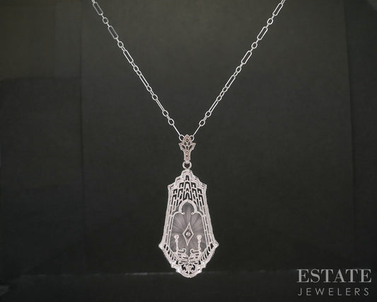 Antique 14k White Gold Rock Crystal Quartz Diamond Filigree Necklace 4.7g p18918