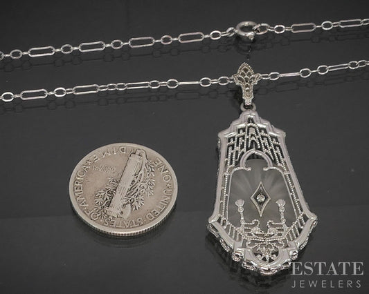 Antique 14k White Gold Rock Crystal Quartz Diamond Filigree Necklace 4.7g p18918