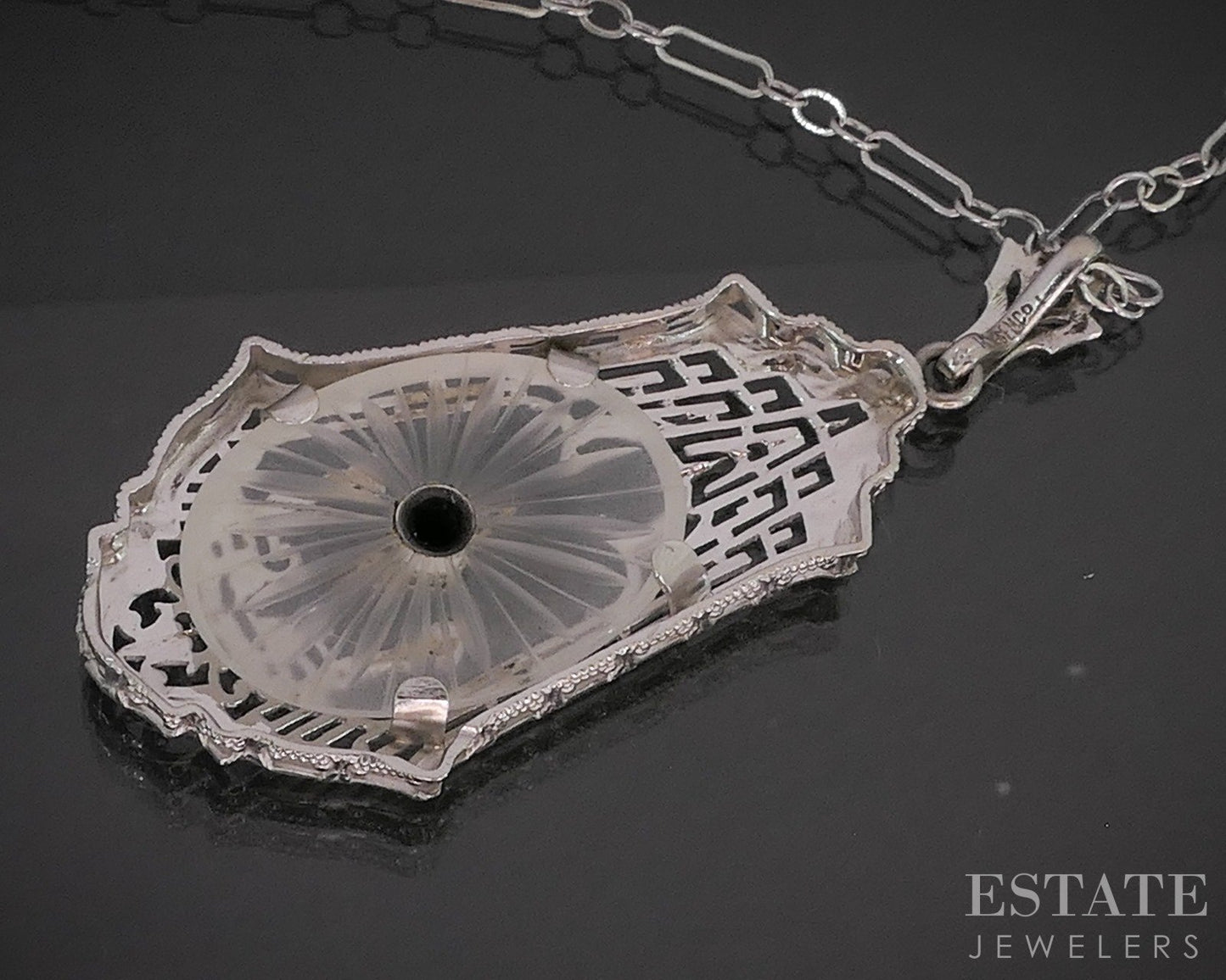 Antique 14k White Gold Rock Crystal Quartz Diamond Filigree Necklace 4.7g p18918