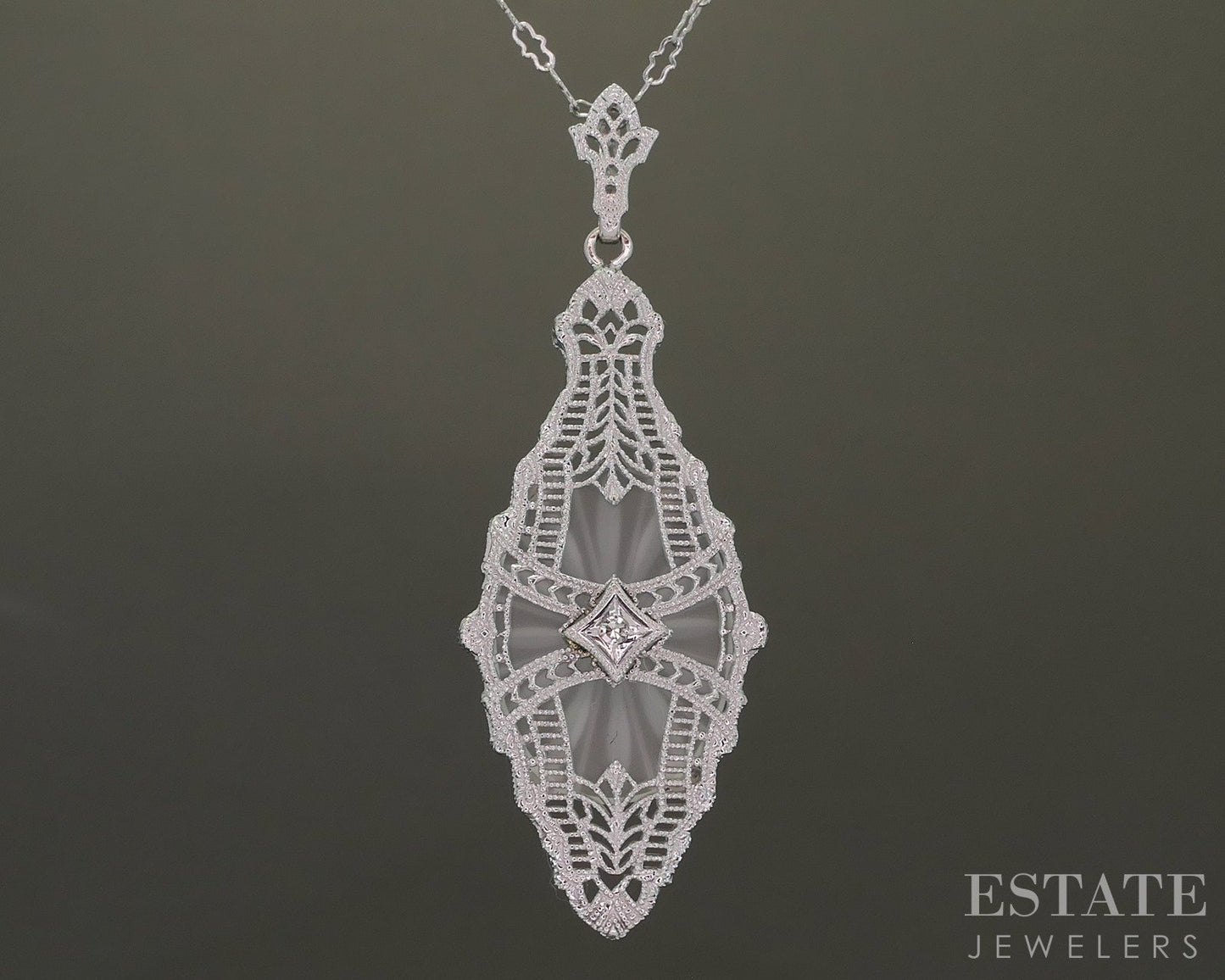 Antique 14k White Gold Rock Crystal Quartz Diamond Filigree Necklace p25578b