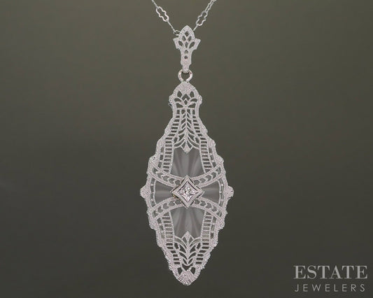 Antique 14k White Gold Rock Crystal Quartz Diamond Filigree Necklace p25578b