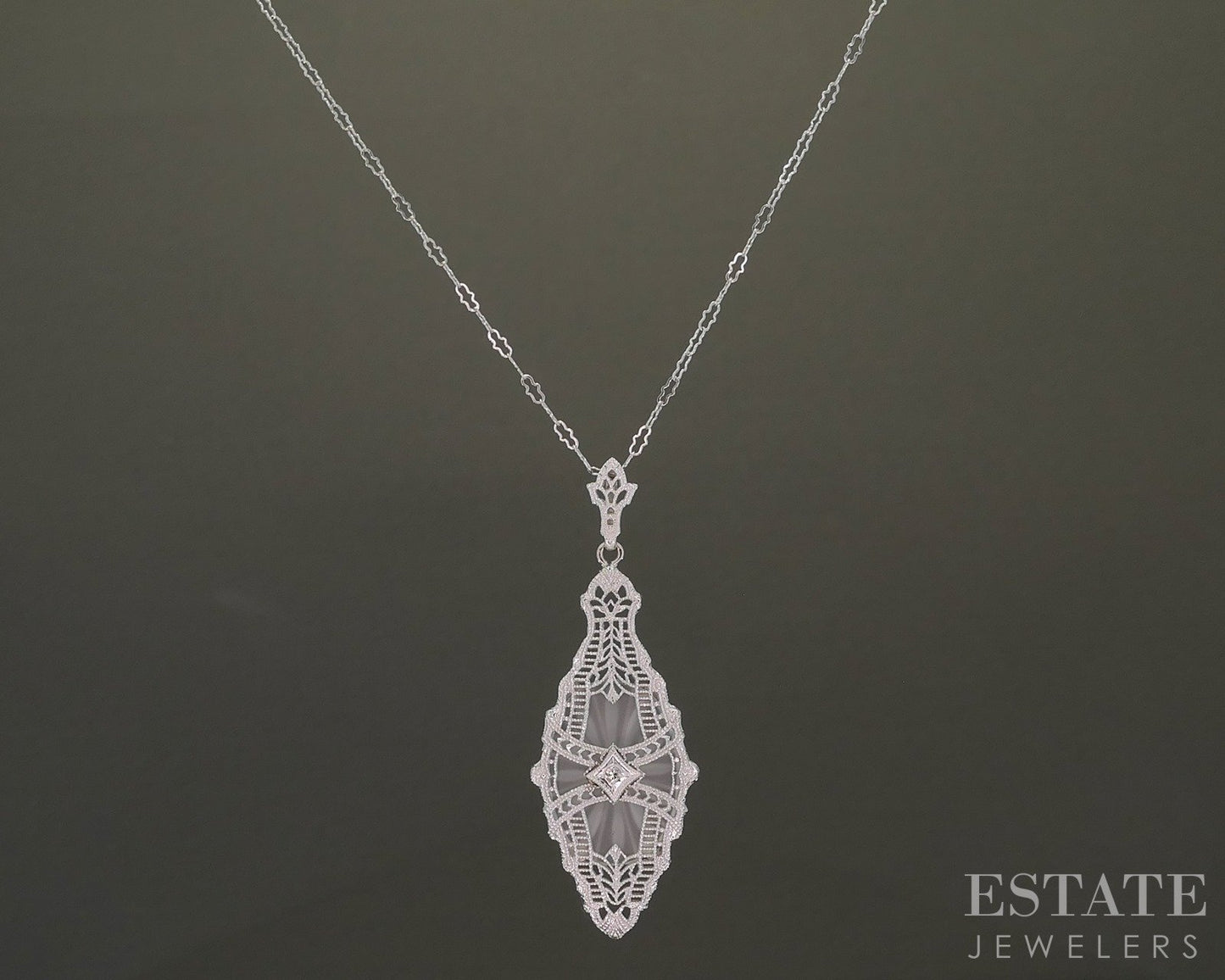 Antique 14k White Gold Rock Crystal Quartz Diamond Filigree Necklace p25578b
