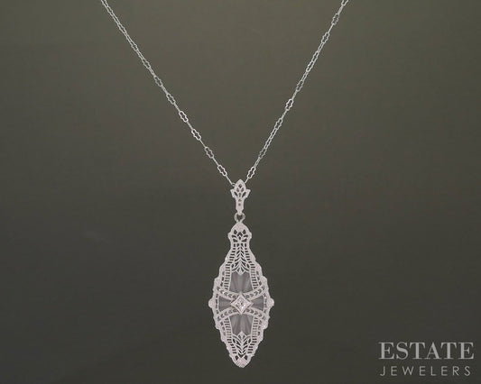 Antique 14k White Gold Rock Crystal Quartz Diamond Filigree Necklace p25578b