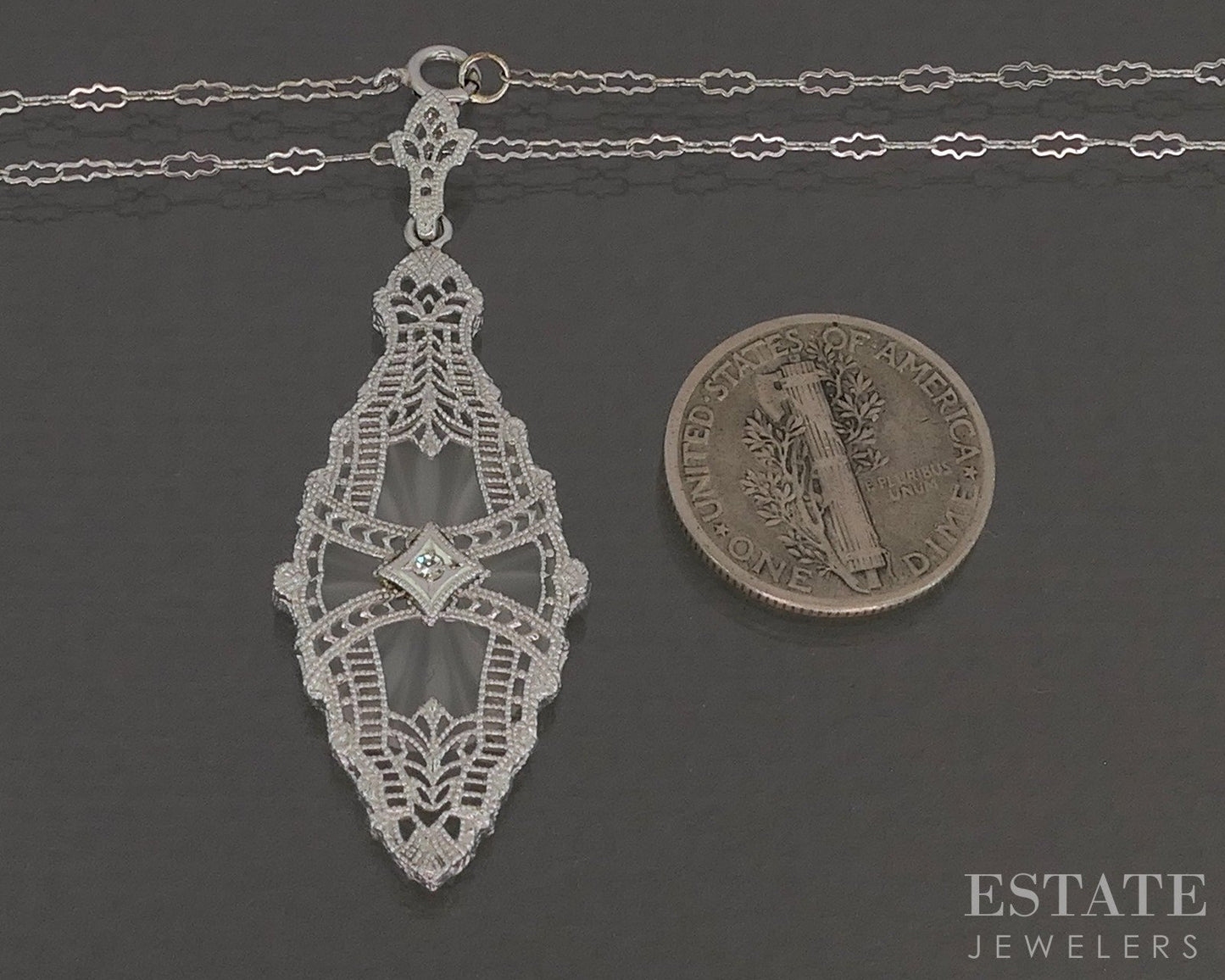 Antique 14k White Gold Rock Crystal Quartz Diamond Filigree Necklace p25578b