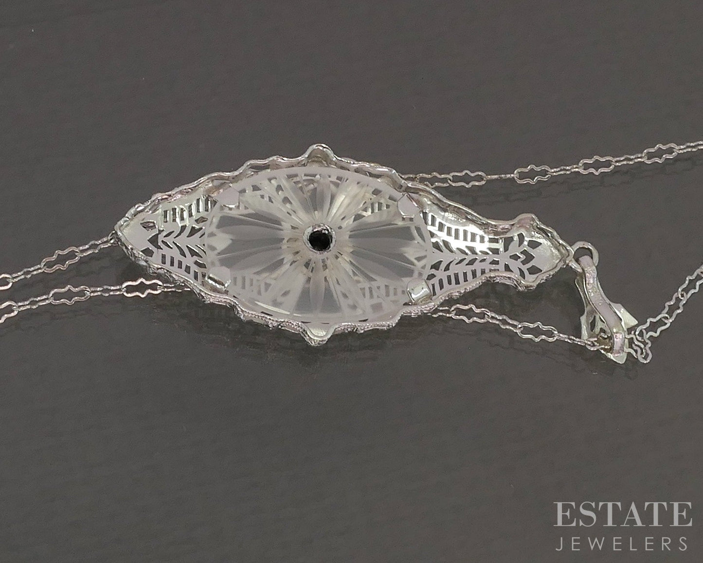 Antique 14k White Gold Rock Crystal Quartz Diamond Filigree Necklace p25578b